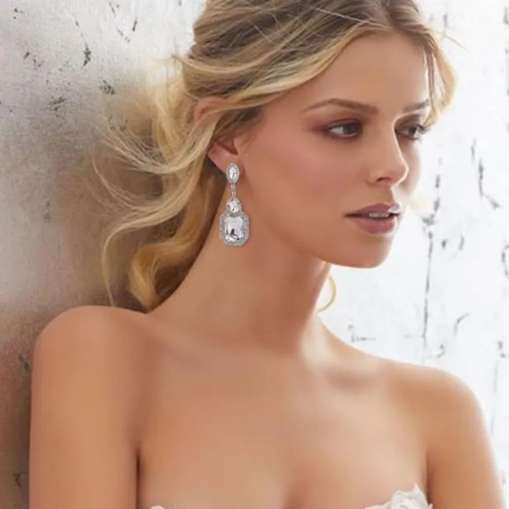 Silver with White Diamond Austrian Crystal Infinity Chandelier Post Earrings
